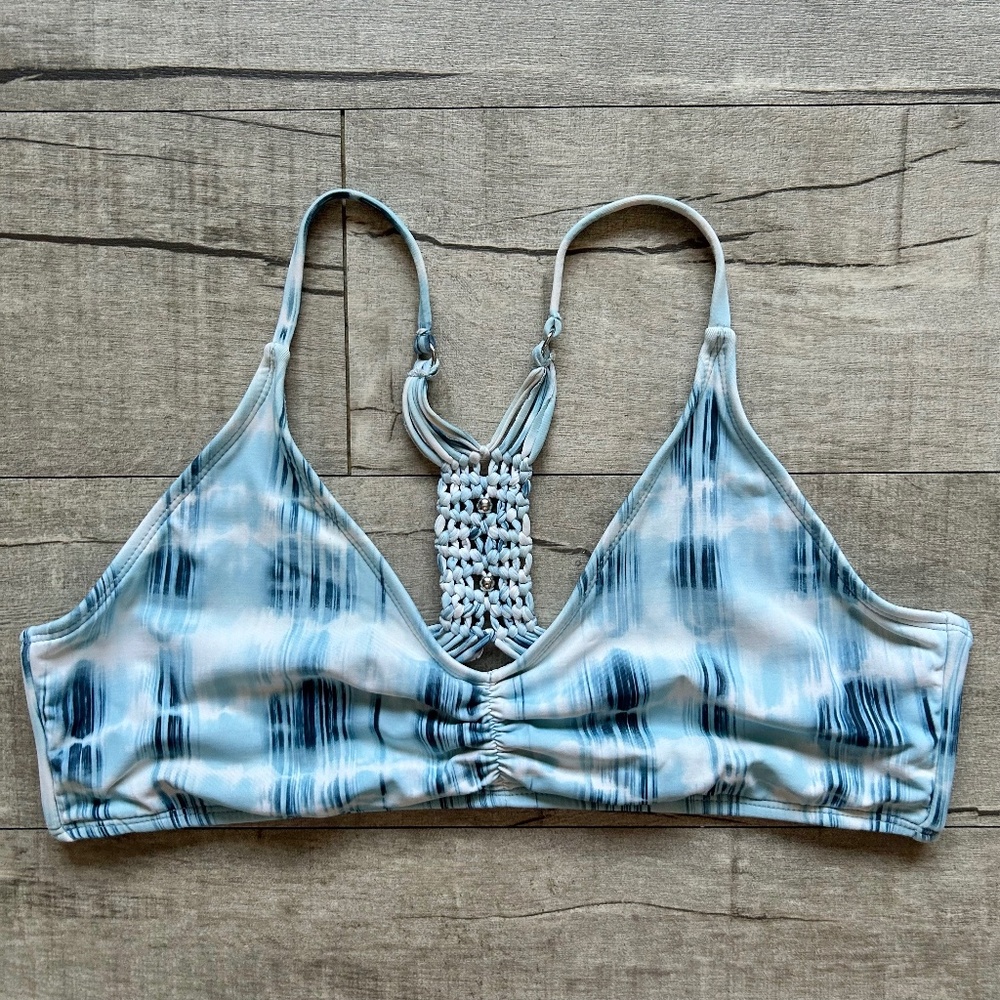 Ambrielle Blue Tie Dye Crochet Racerback Ruched Line Retro Bikini Swim Top XL